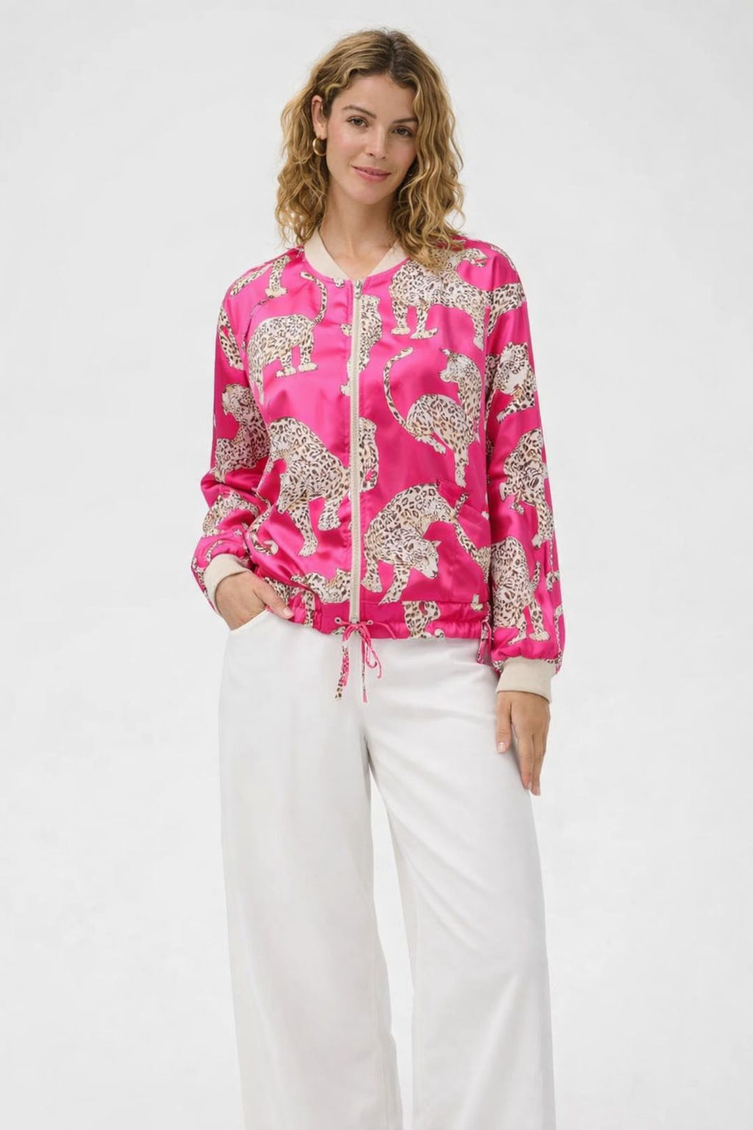 Hot Pink Leopard Satin Bomber