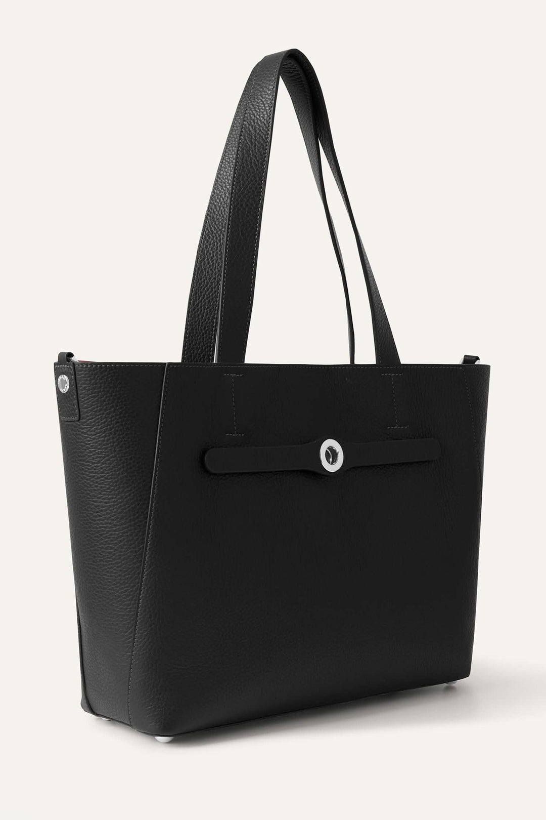 Black tote bag with a strap on a white background