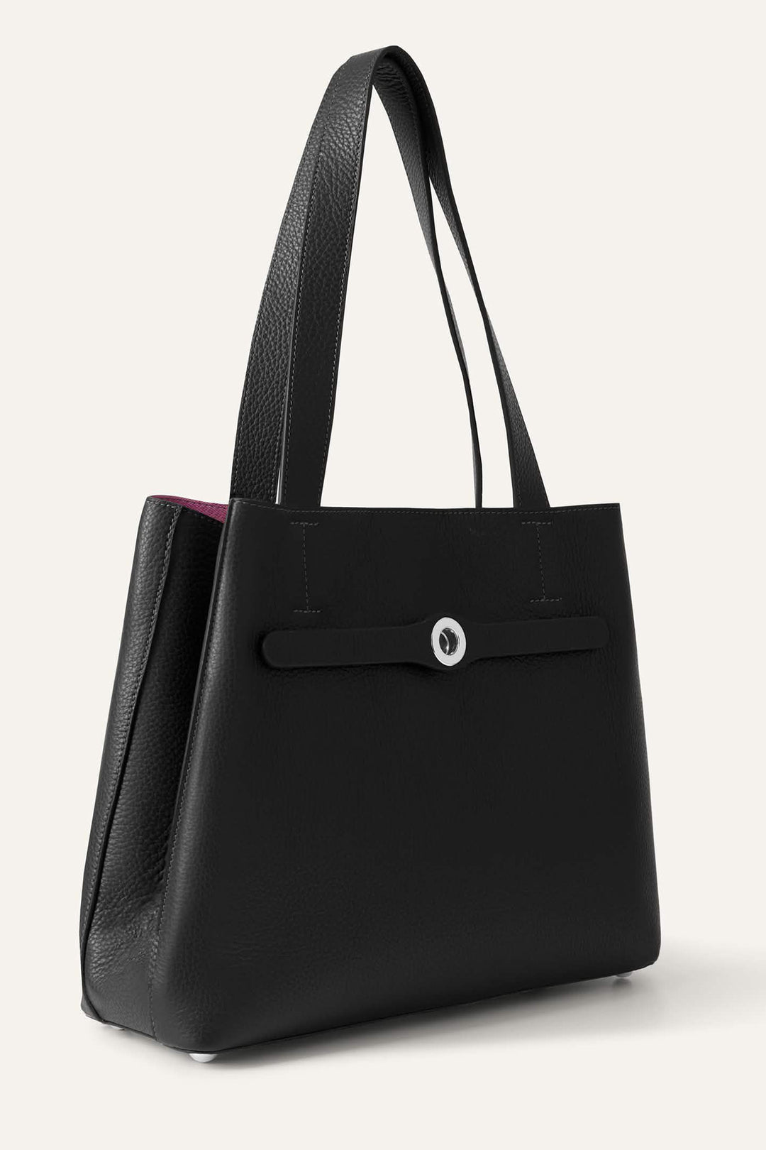 Black handbag with a silver clasp on a white background