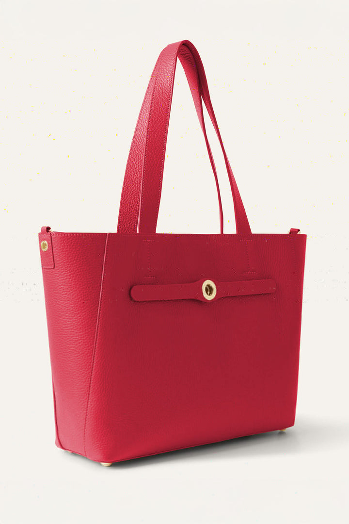 Red handbag with a gold clasp on a white background