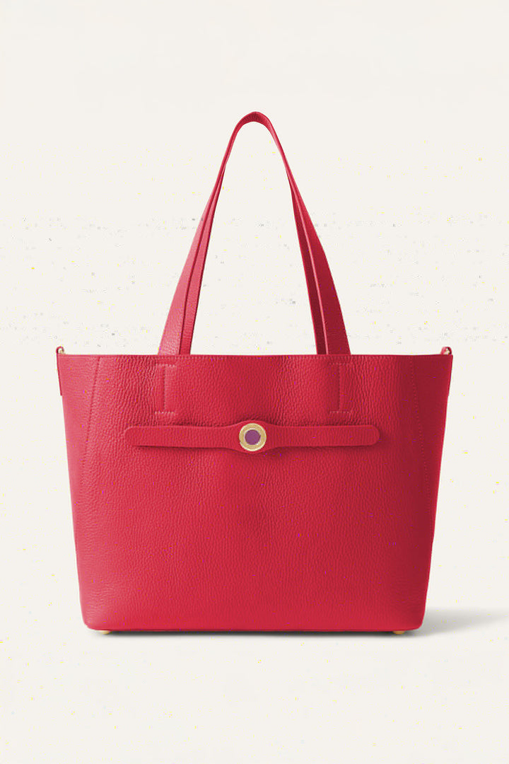 Red tote bag with a gold clasp on a white background