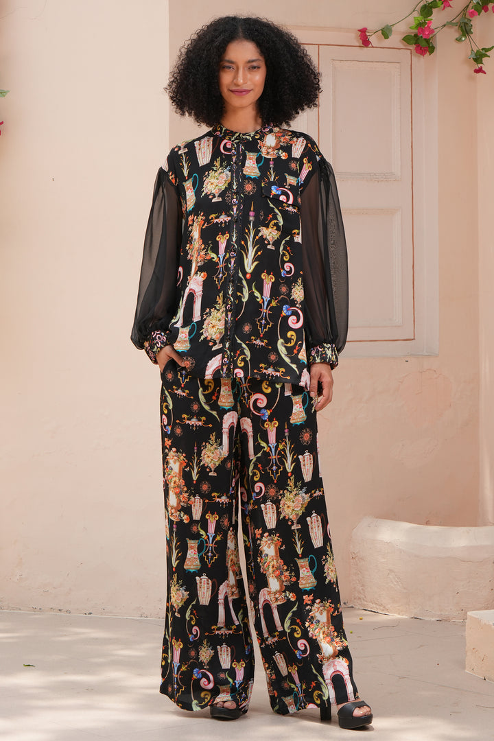 Stella Moretti Ivy Pull-On Wide Leg Trousers Black L'Huere Livid Print - Experience Boutique