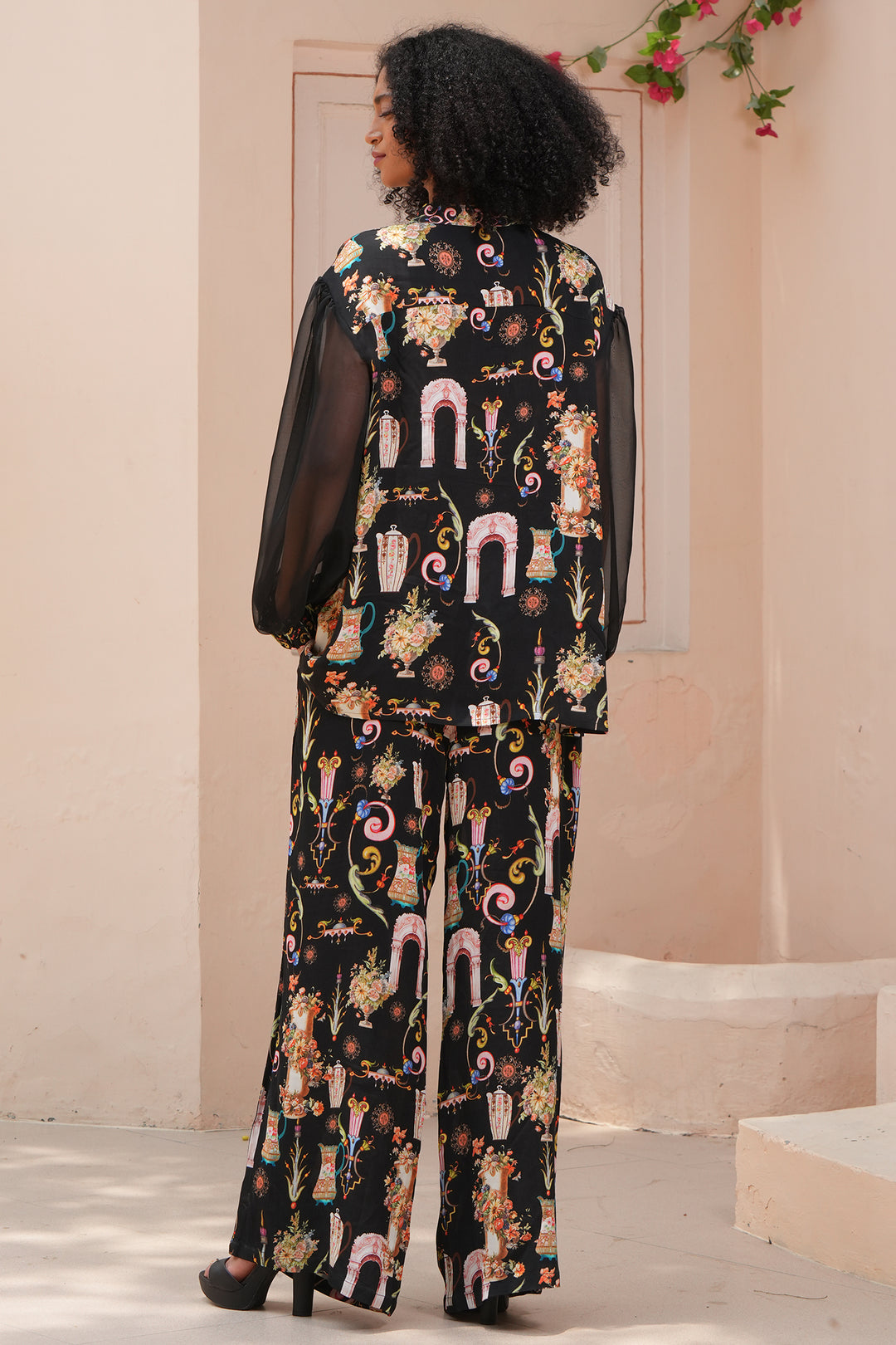 Stella Moretti Ivy Pull-On Wide Leg Trousers Black L'Huere Livid Print - Experience Boutique
