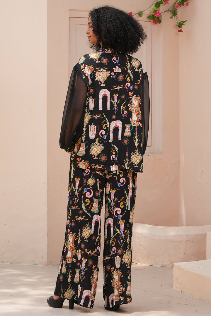 Stella Moretti Ivy Pull-On Wide Leg Trousers Black L'Huere Livid Print - Experience Boutique