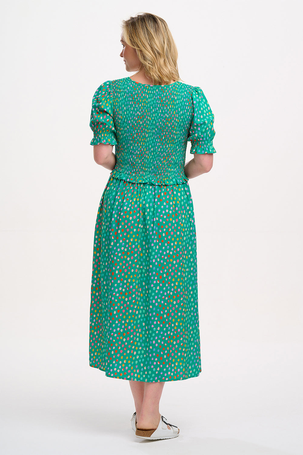 Sugarhill Brighton Bettina Green Pebbles Shirred Midi Dress D1256 - Experience Boutique