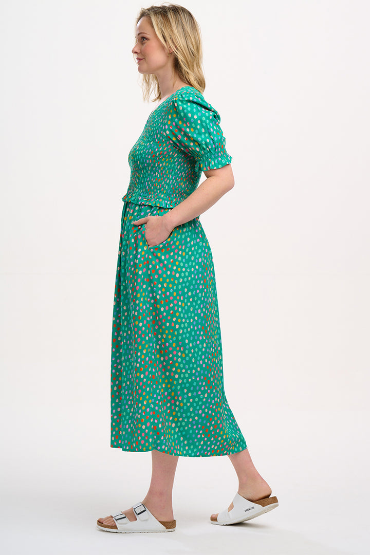 Sugarhill Brighton Bettina Green Pebbles Shirred Midi Dress D1256 - Experience Boutique