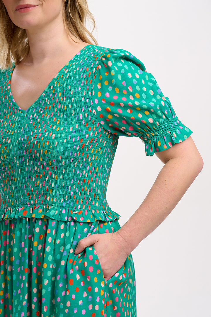 Sugarhill Brighton Bettina Green Pebbles Shirred Midi Dress D1256 - Experience Boutique