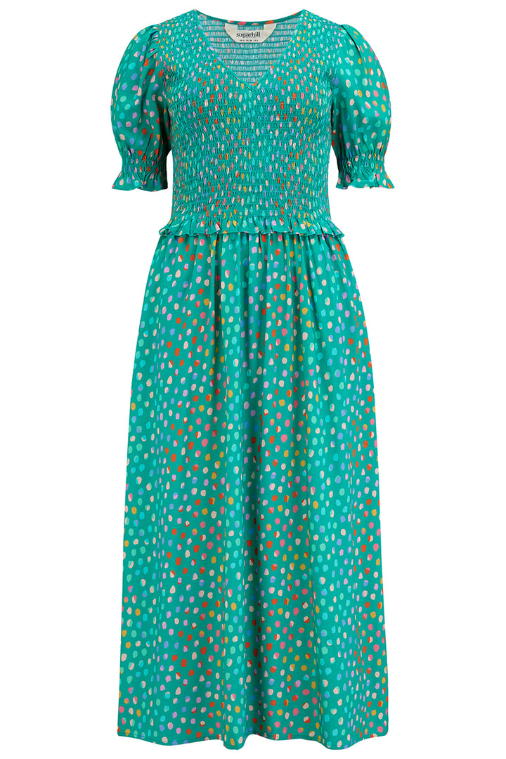 Sugarhill Brighton Bettina Green Pebbles Shirred Midi Dress D1256 - Experience Boutique