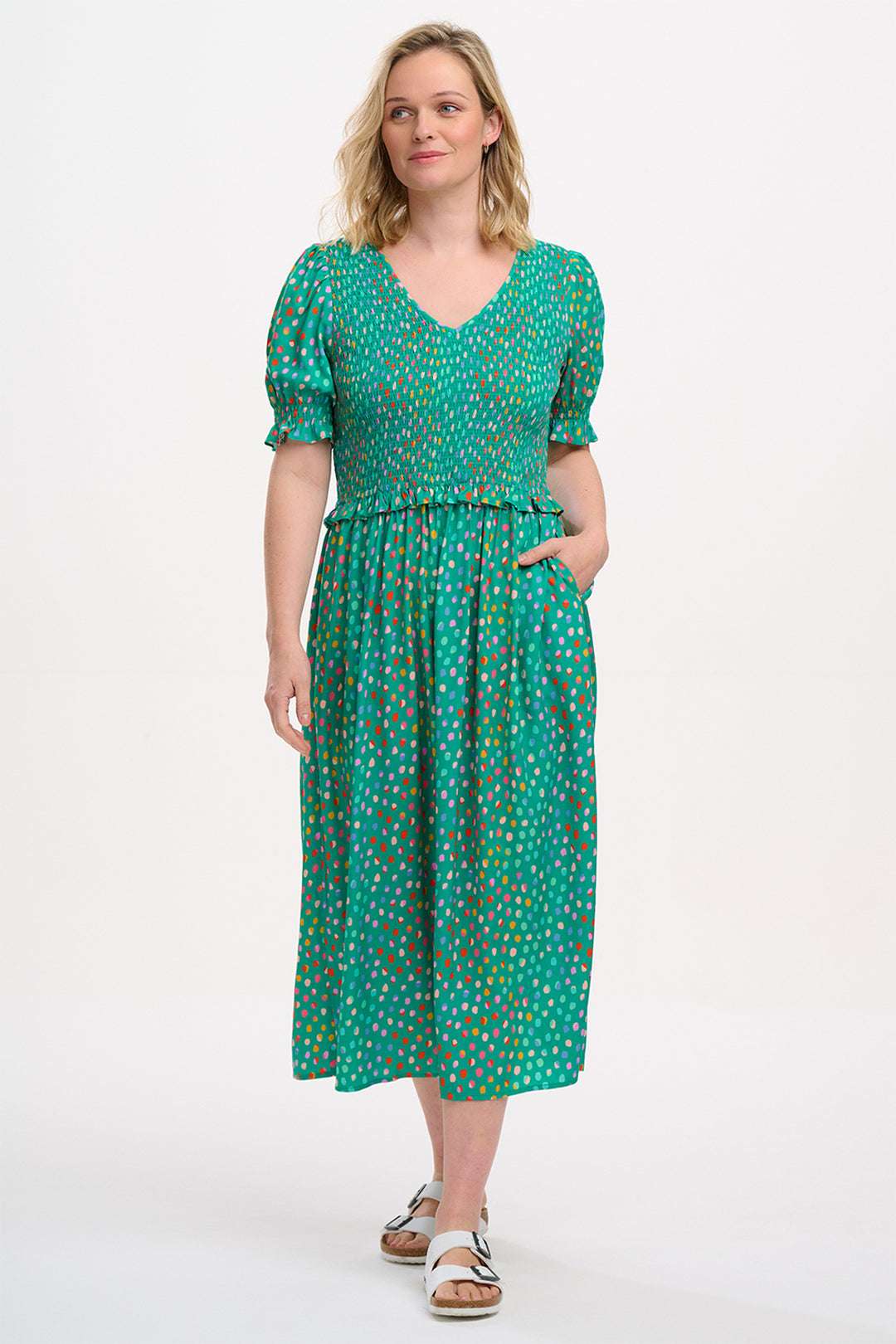 Sugarhill Brighton Bettina Green Pebbles Shirred Midi Dress D1256 - Experience Boutique