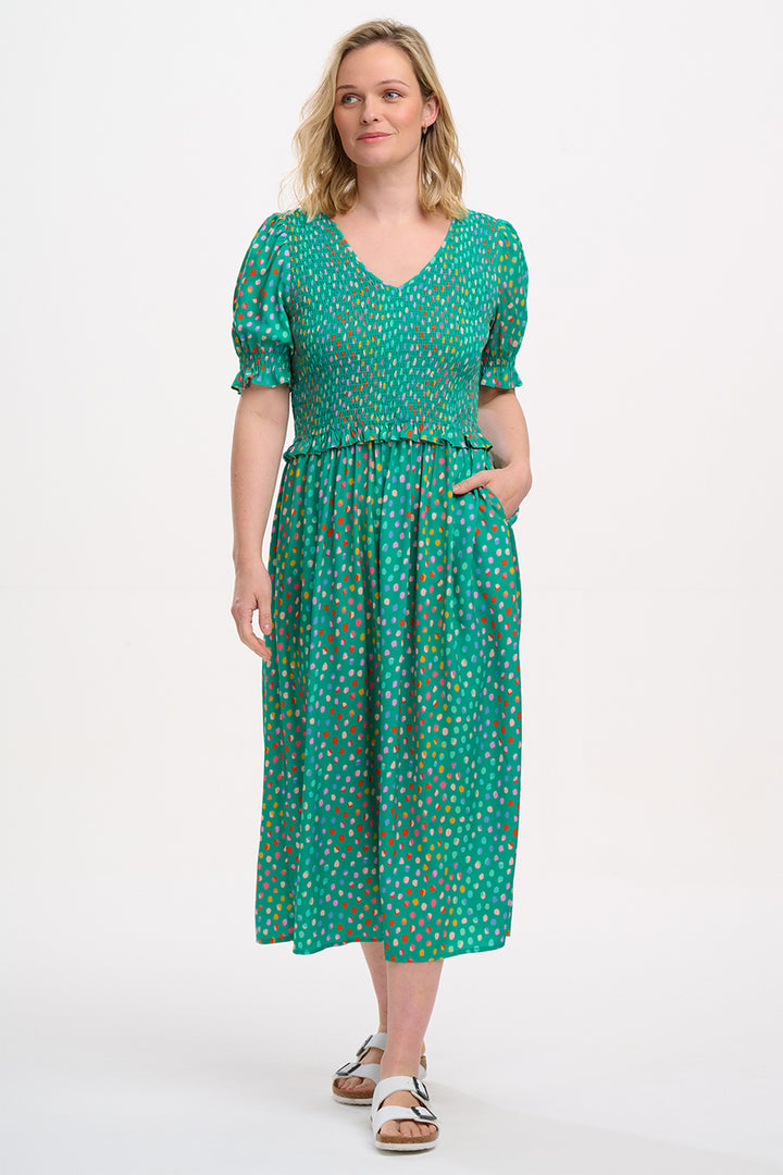Sugarhill Brighton Bettina Green Pebbles Shirred Midi Dress D1256 - Experience Boutique