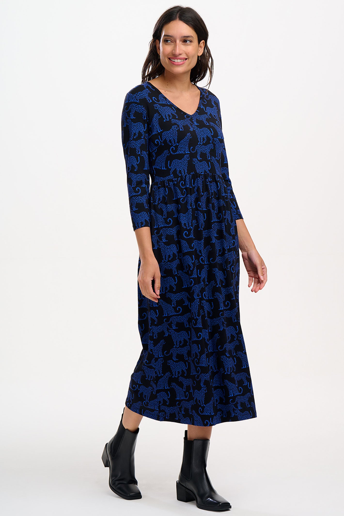 Sugarhill Brighton Black Blue Leopard Sports Evelyn Jersey Midi Dress