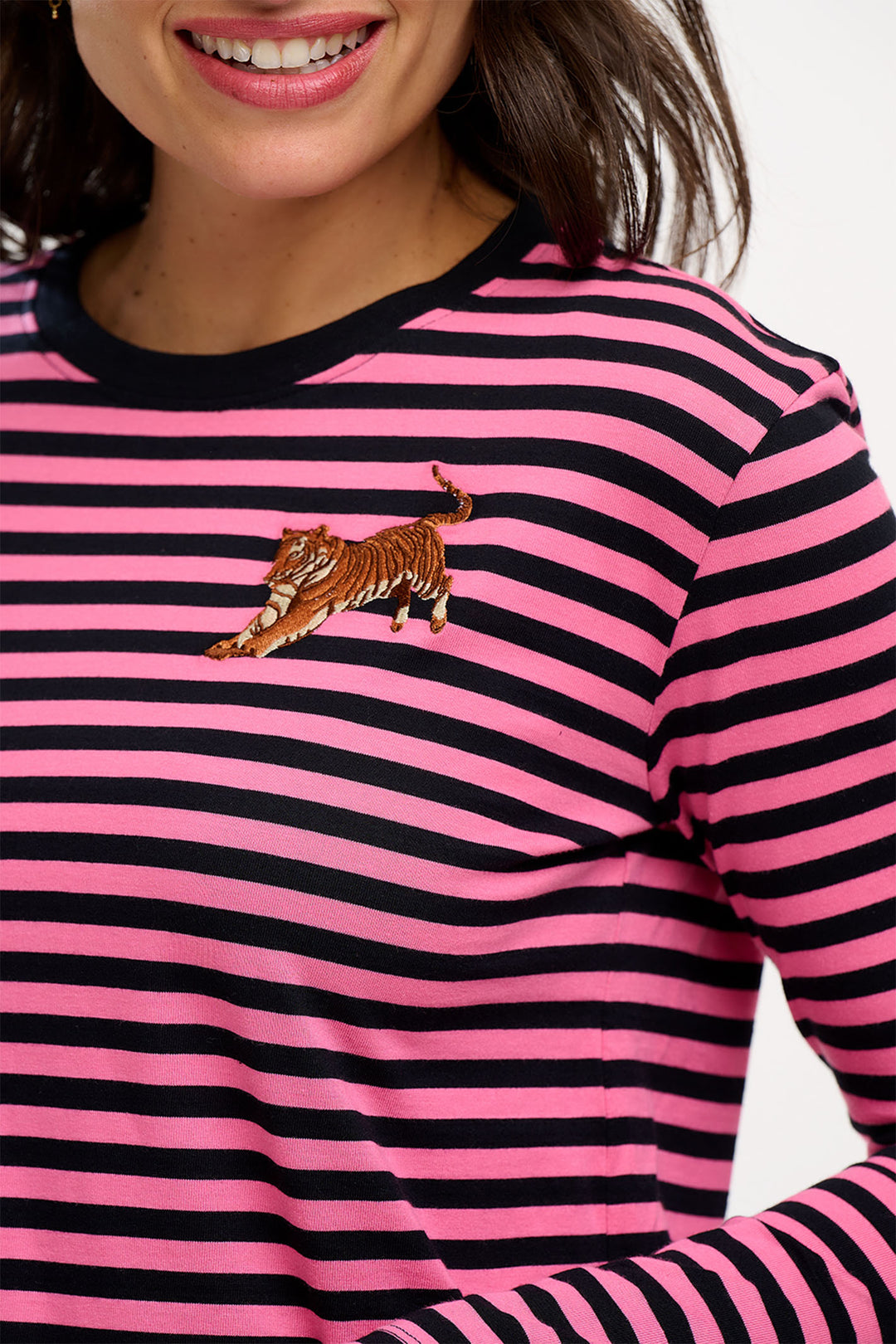 Sugarhill Brighton Brunswick Pink & Black Stripe Leaping Tiger Top - Experience Boutique