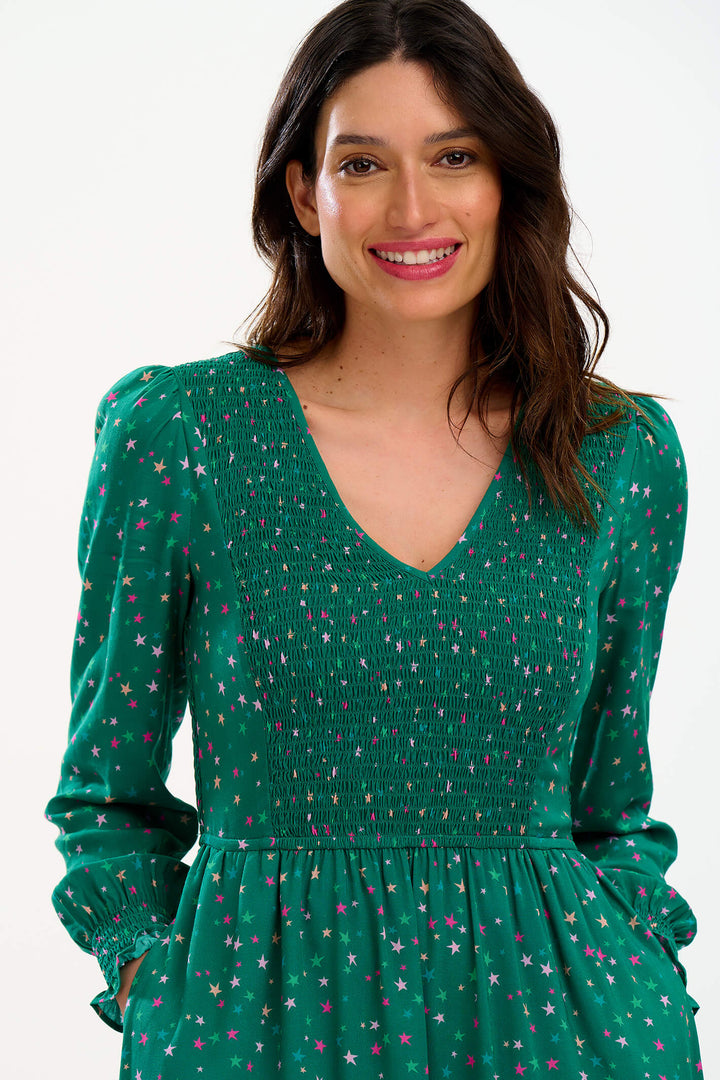 Sugarhill Brighton D0971 Green Micro Star Confetti Shirred Midi Dress - Experience Boutique