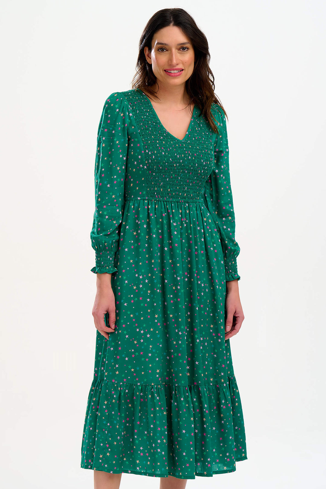 Sugarhill Brighton D0971 Green Micro Star Confetti Shirred Midi Dress - Experience Boutique