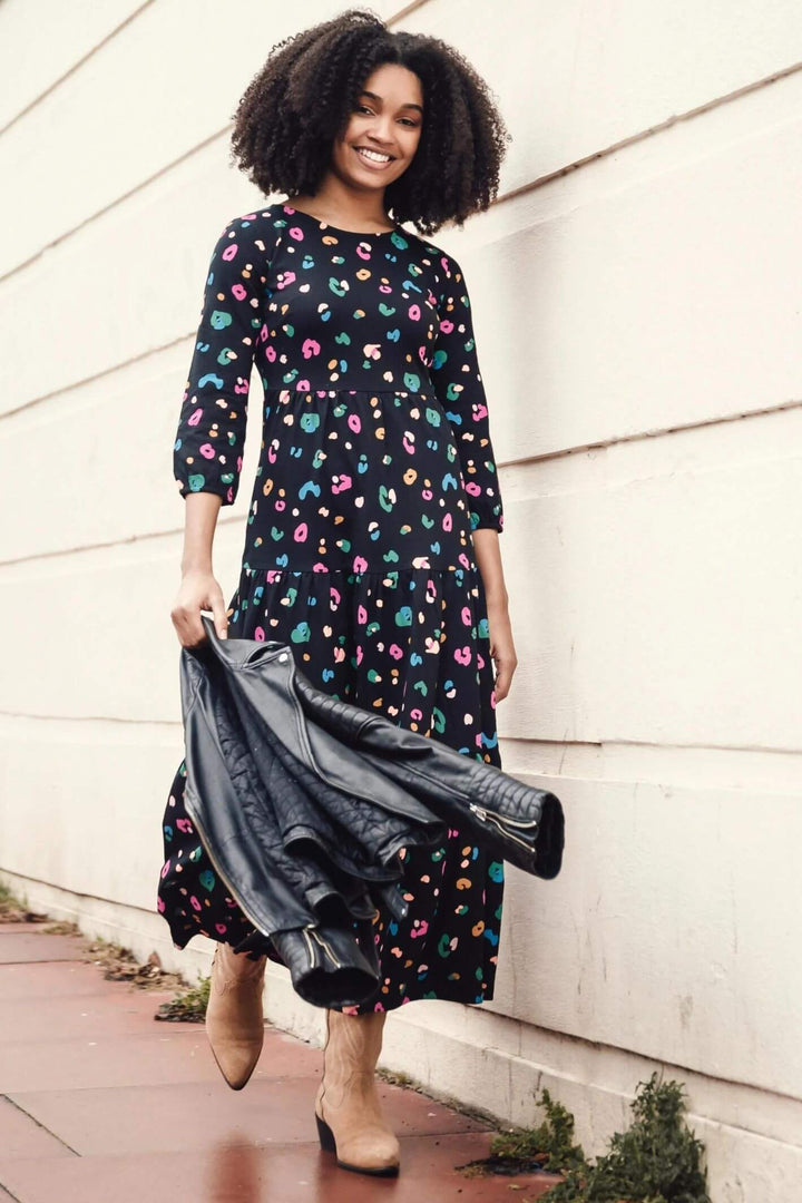 Sugarhill Brighton D1029 Black Paintbox Leopard Bakari Jersey Midi Dress