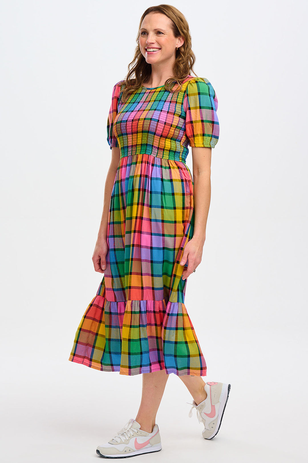 Sugarhill Brighton D1088 Yolanda Multi Summer Check Shirred Midi Dress - Experience Boutique