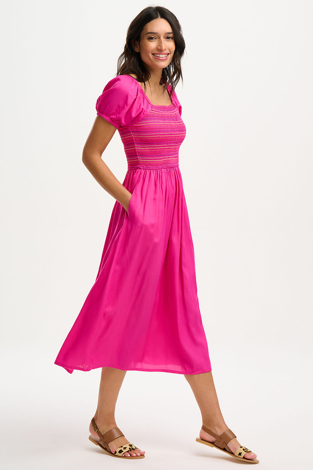 Sugarhill Brighton D1099 Octavia Dark Pink Rainbow Shirred Midi Dress - Experience Boutique