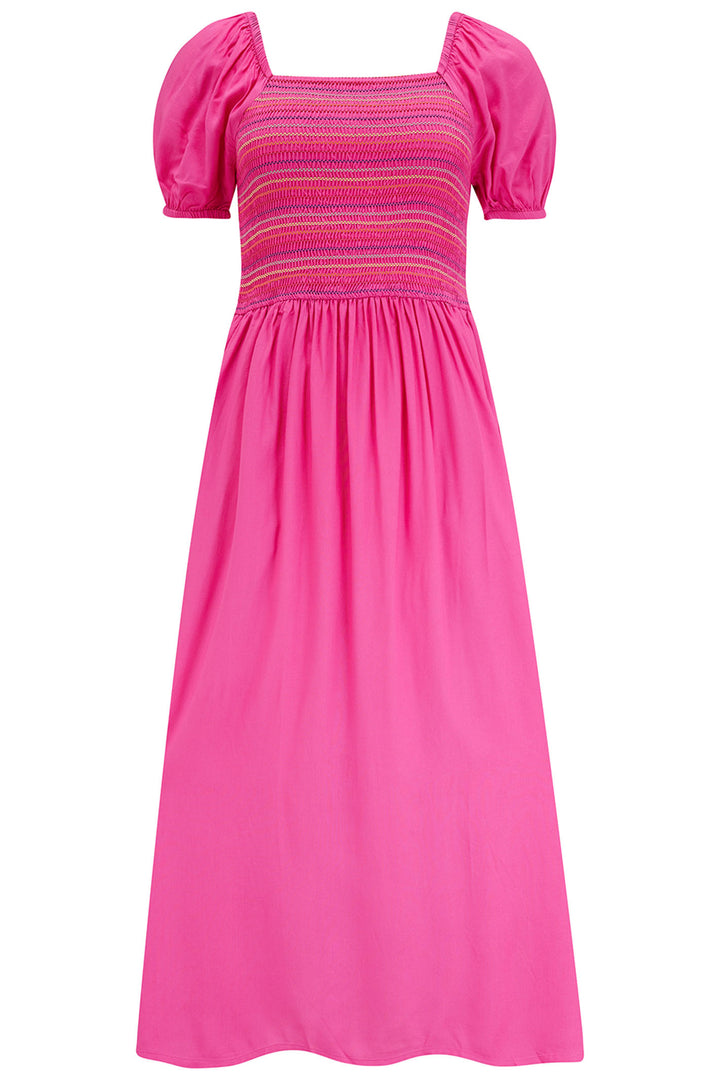 Sugarhill Brighton D1099 Octavia Dark Pink Rainbow Shirred Midi Dress - Experience Boutique