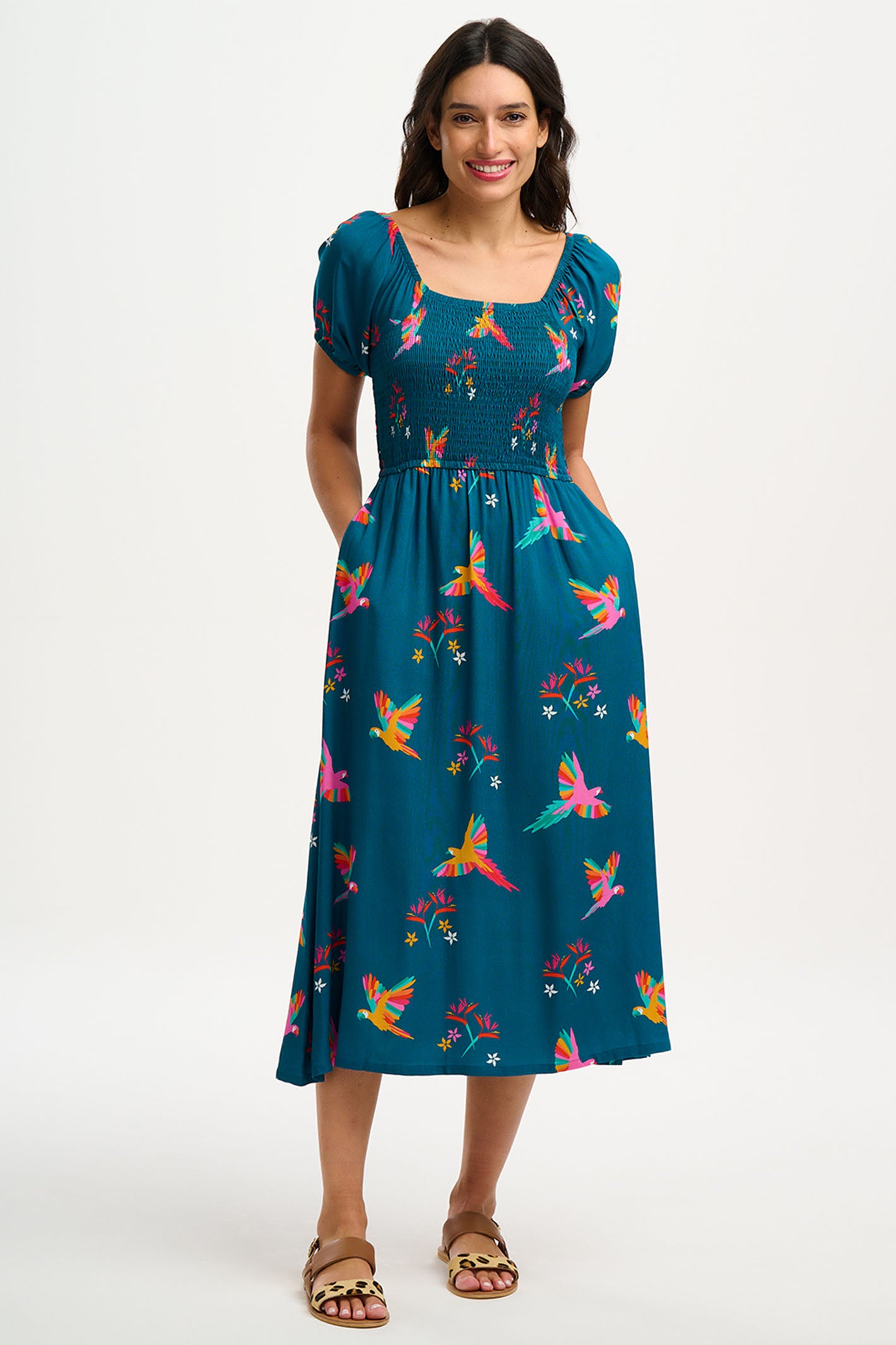 Sugarhill Brighton D1105 Jolene Teal Parrot Print Shirred Midi Dress