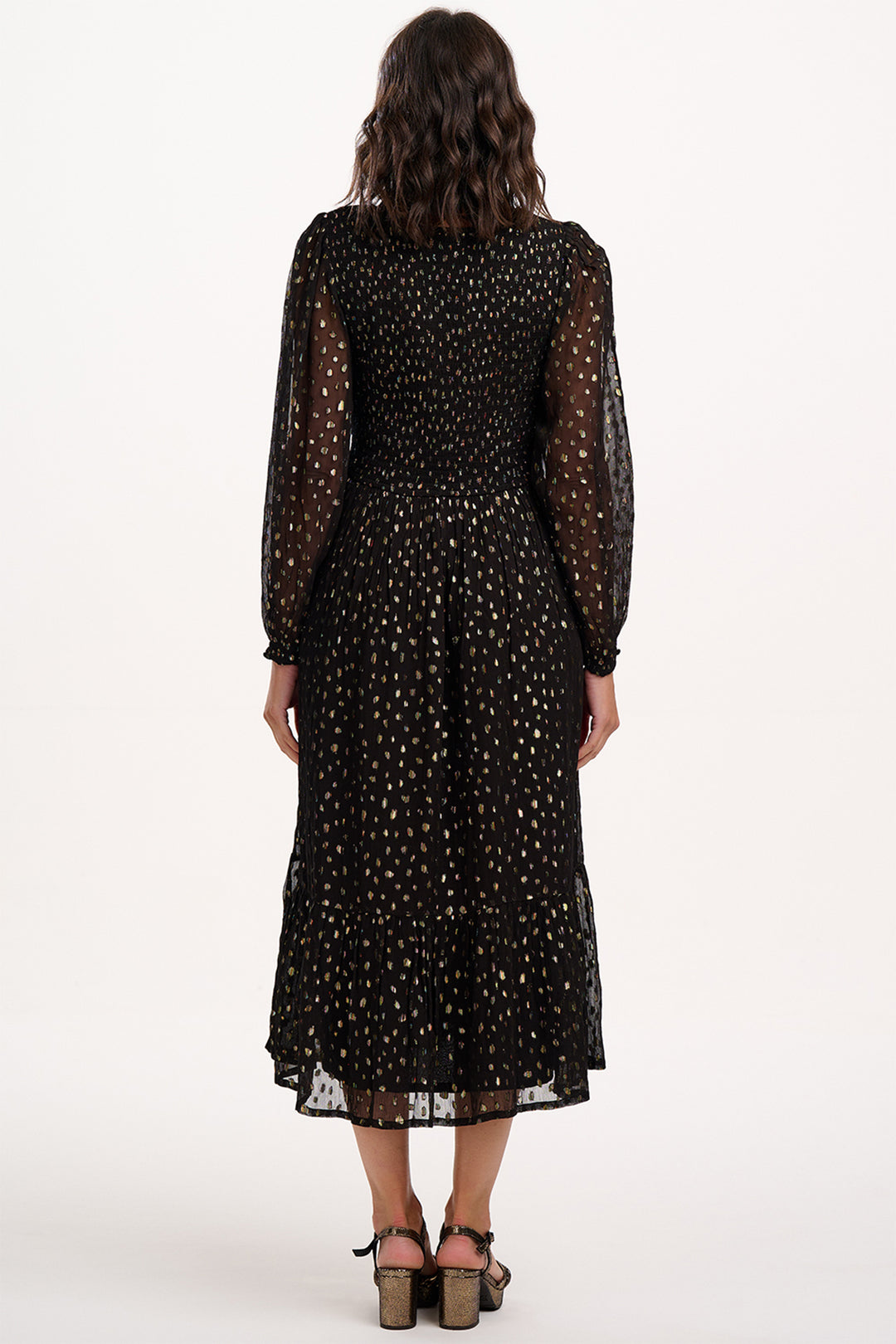 Sugarhill Brighton D1350 Jacqueline Black Metallic Spot Shirred Midi Dress