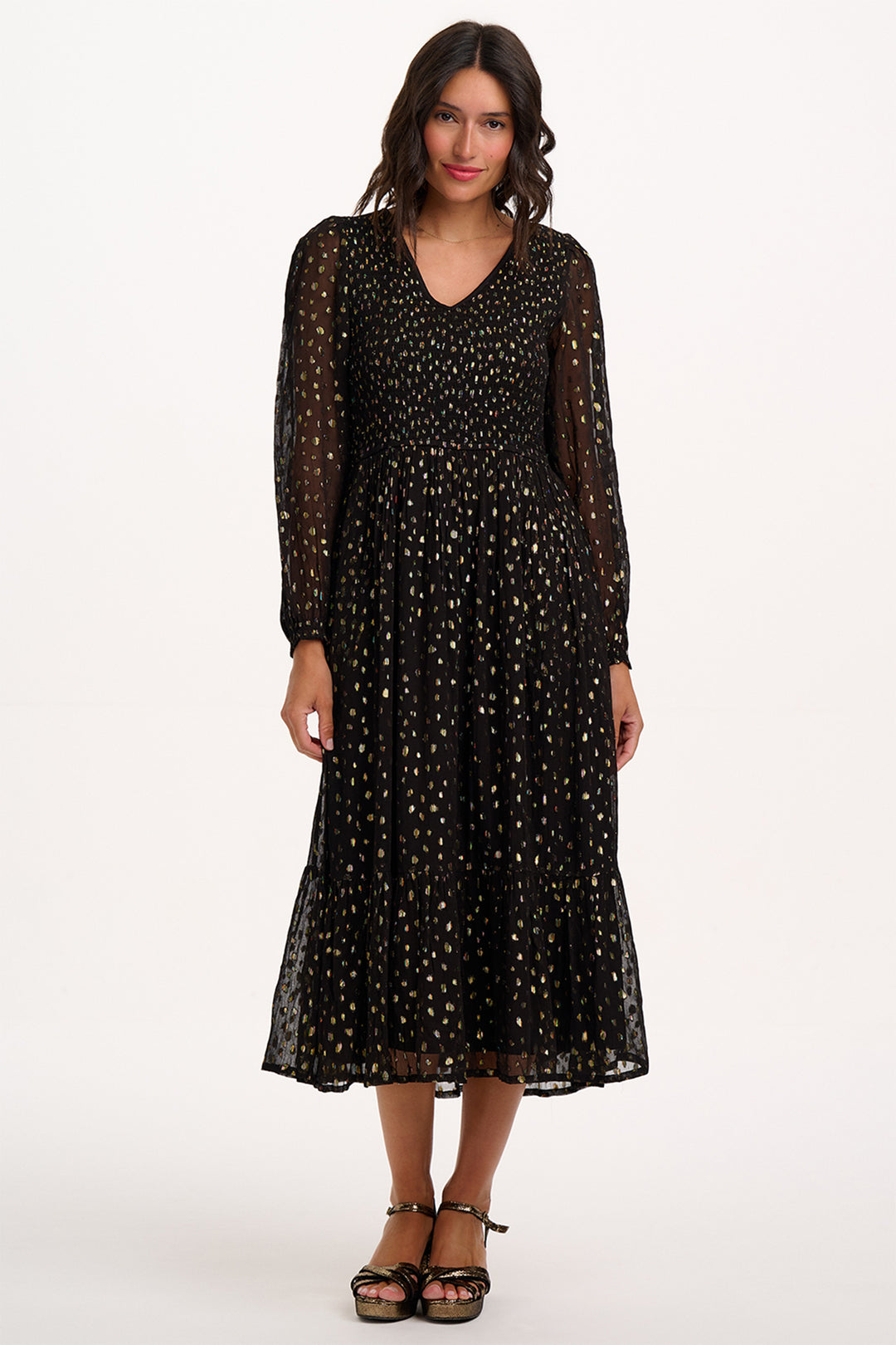 Sugarhill Brighton D1350 Jacqueline Black Metallic Spot Shirred Midi Dress