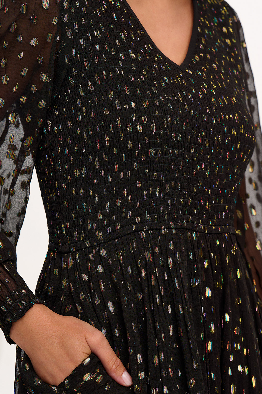Sugarhill Brighton D1350 Jacqueline Black Metallic Spot Shirred Midi Dress