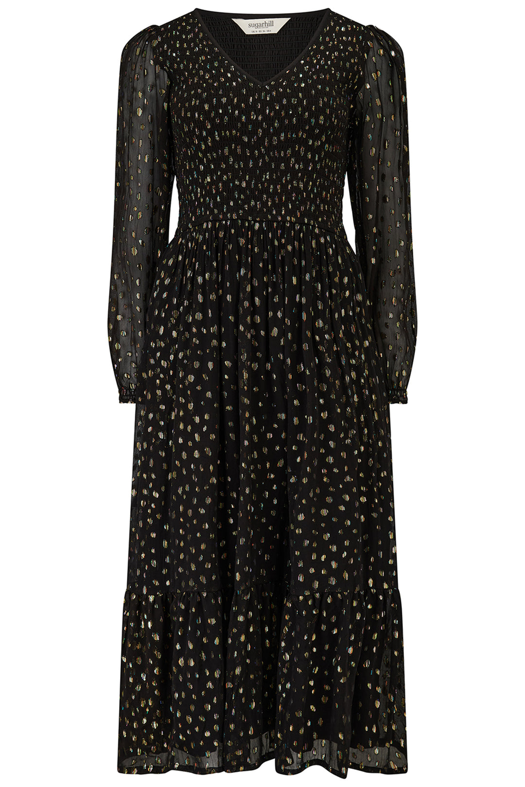 Sugarhill Brighton D1350 Jacqueline Black Metallic Spot Shirred Midi Dress
