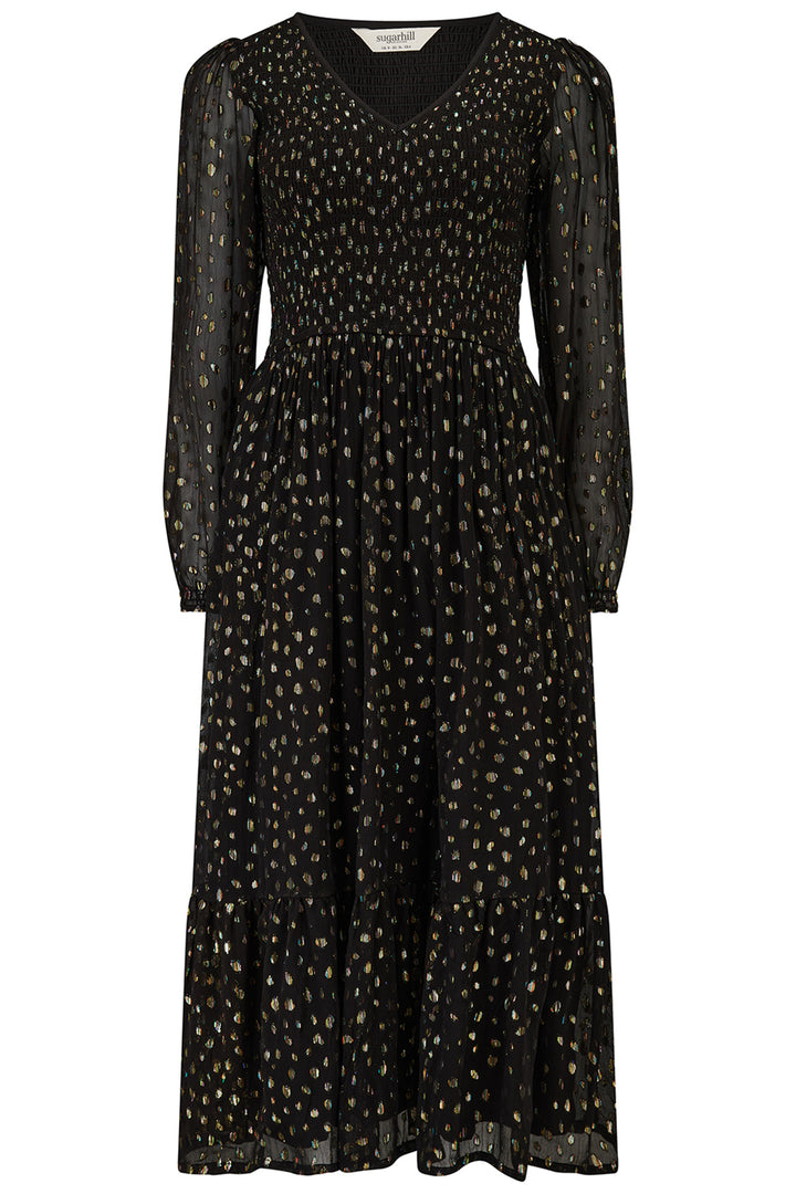 Sugarhill Brighton D1350 Jacqueline Black Metallic Spot Shirred Midi Dress