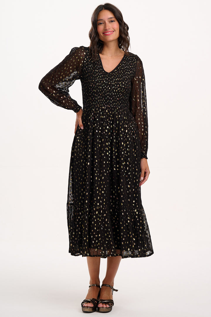 Sugarhill Brighton D1350 Jacqueline Black Metallic Spot Shirred Midi Dress