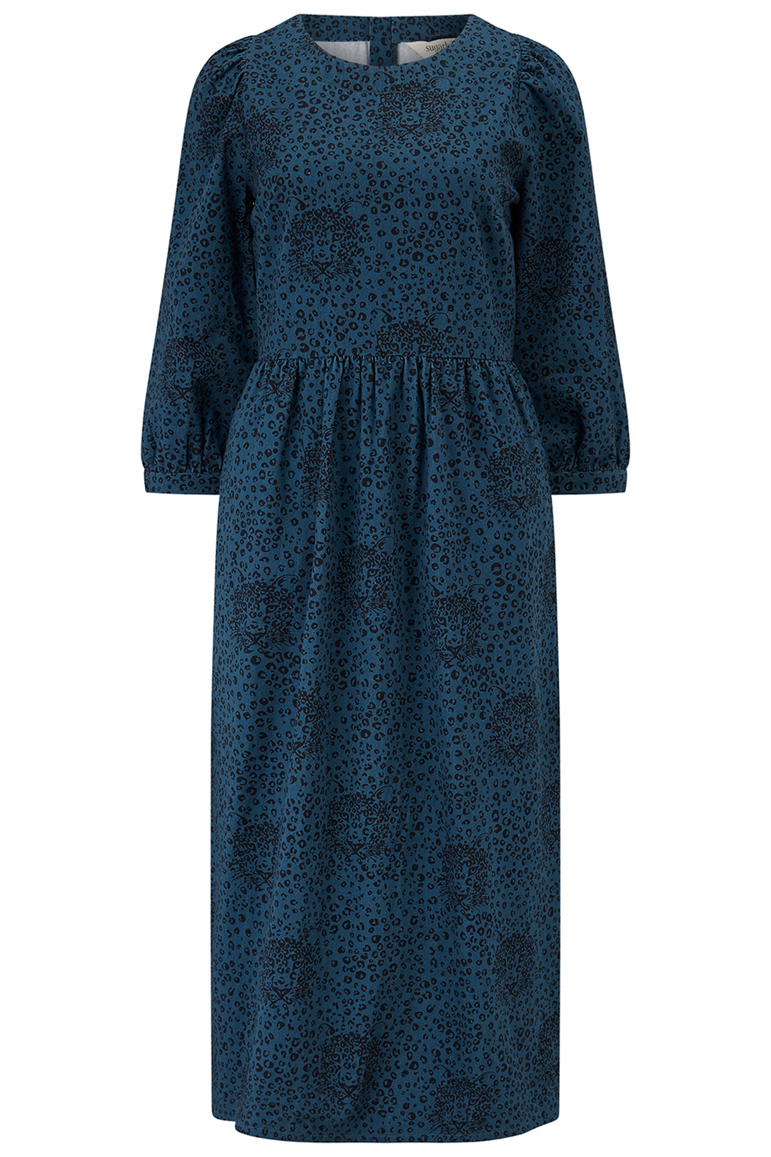 Blue patterned dress on a white background