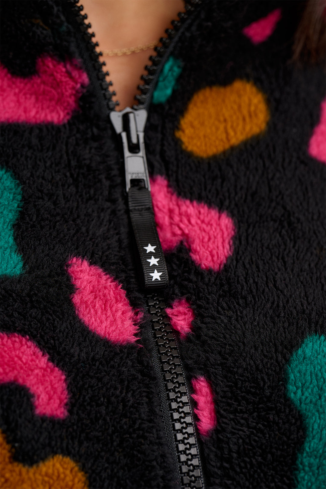 Close-up of a colorful patterned garment with a zipper.