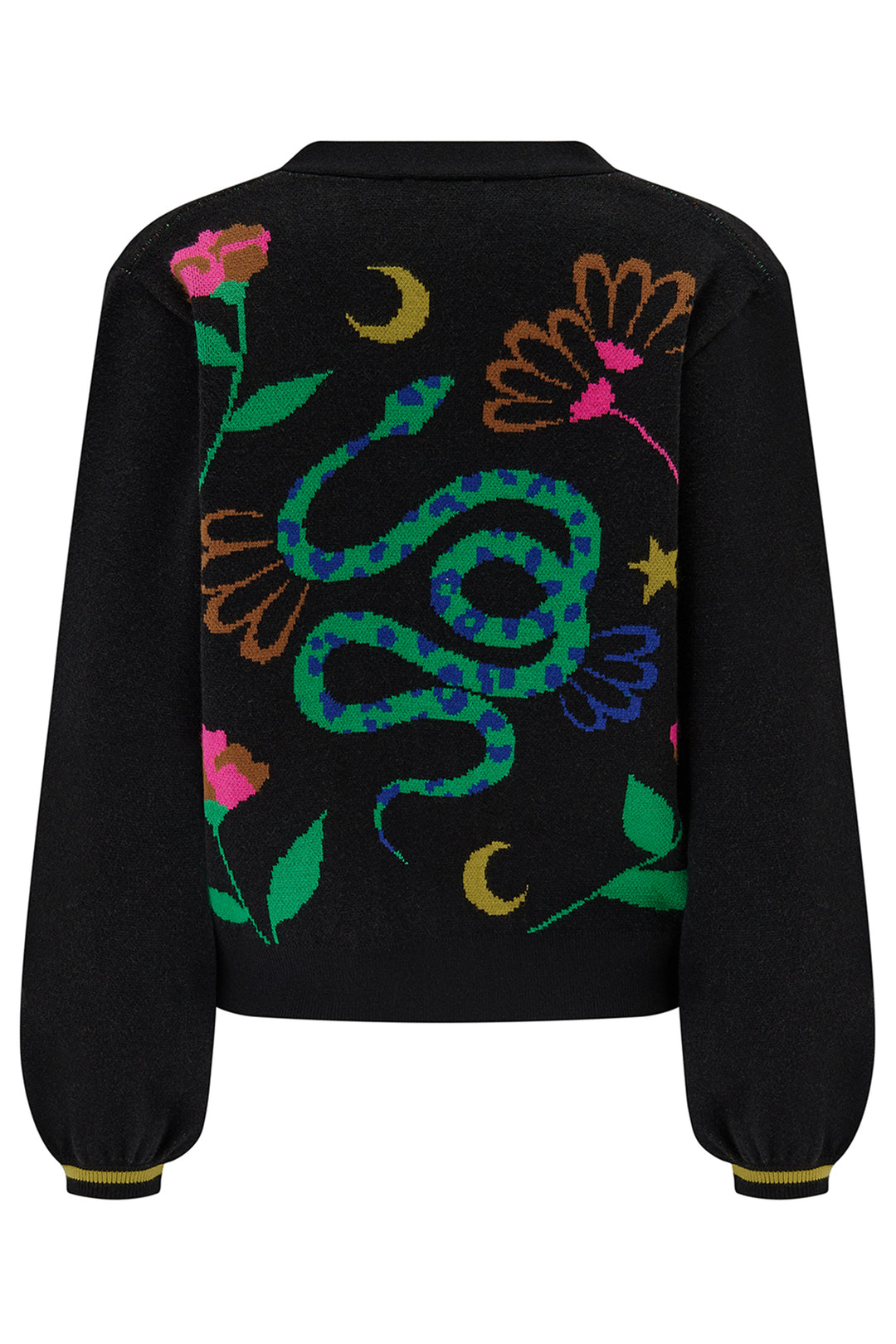 Black jacket with colorful snake and floral design on a white background