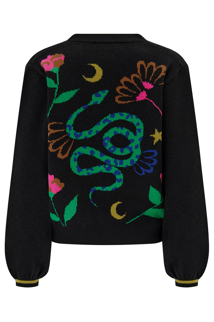 Black jacket with colorful snake and floral design on a white background