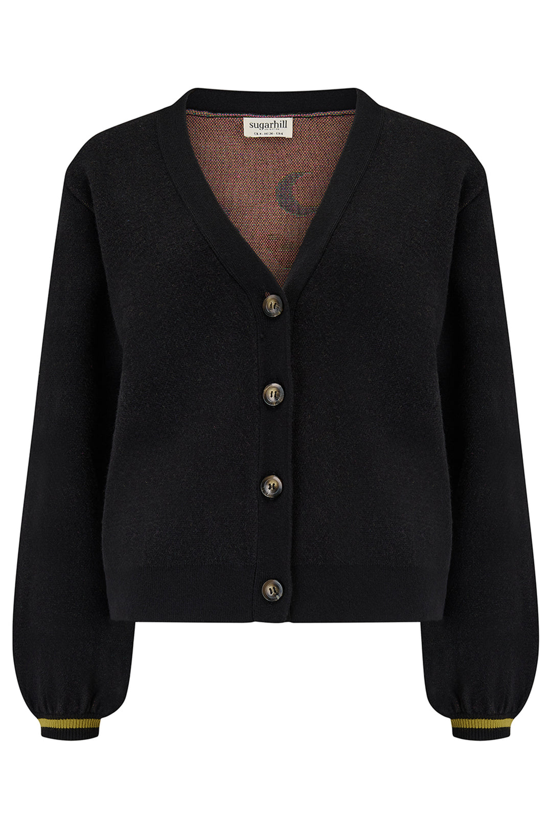 Black cardigan with button details on a white background