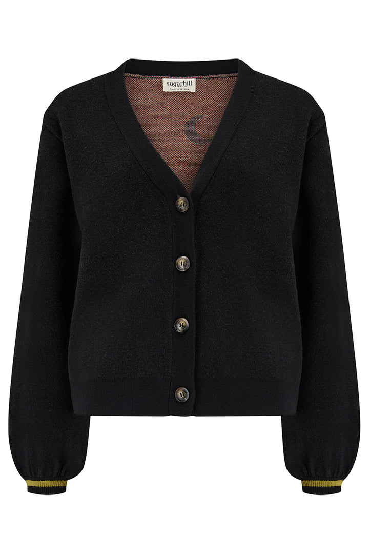 Black cardigan with button details on a white background