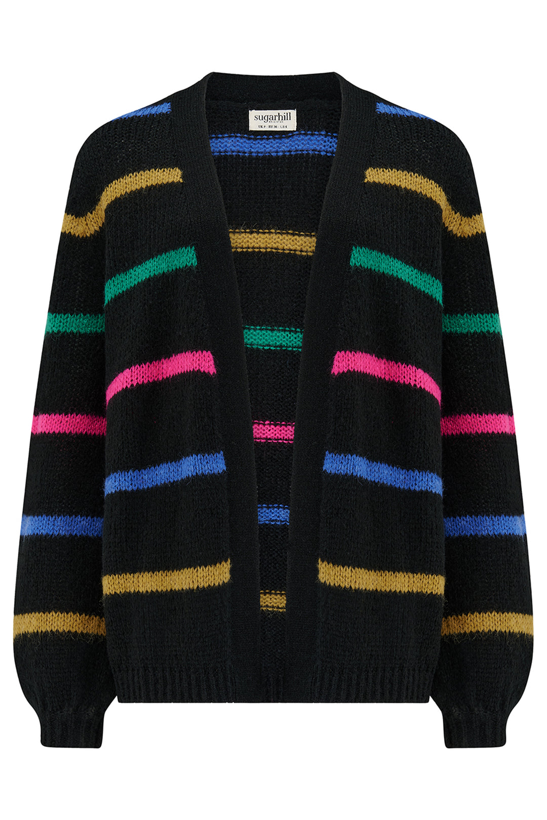 Black cardigan with colorful horizontal stripes on a white background