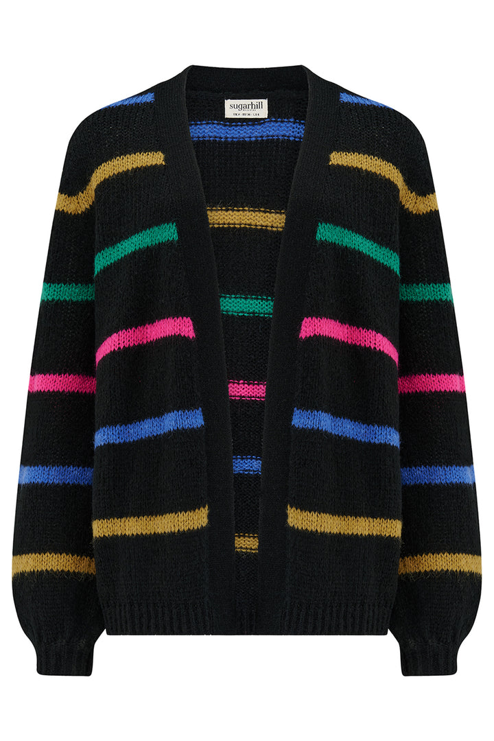 Black cardigan with colorful horizontal stripes on a white background