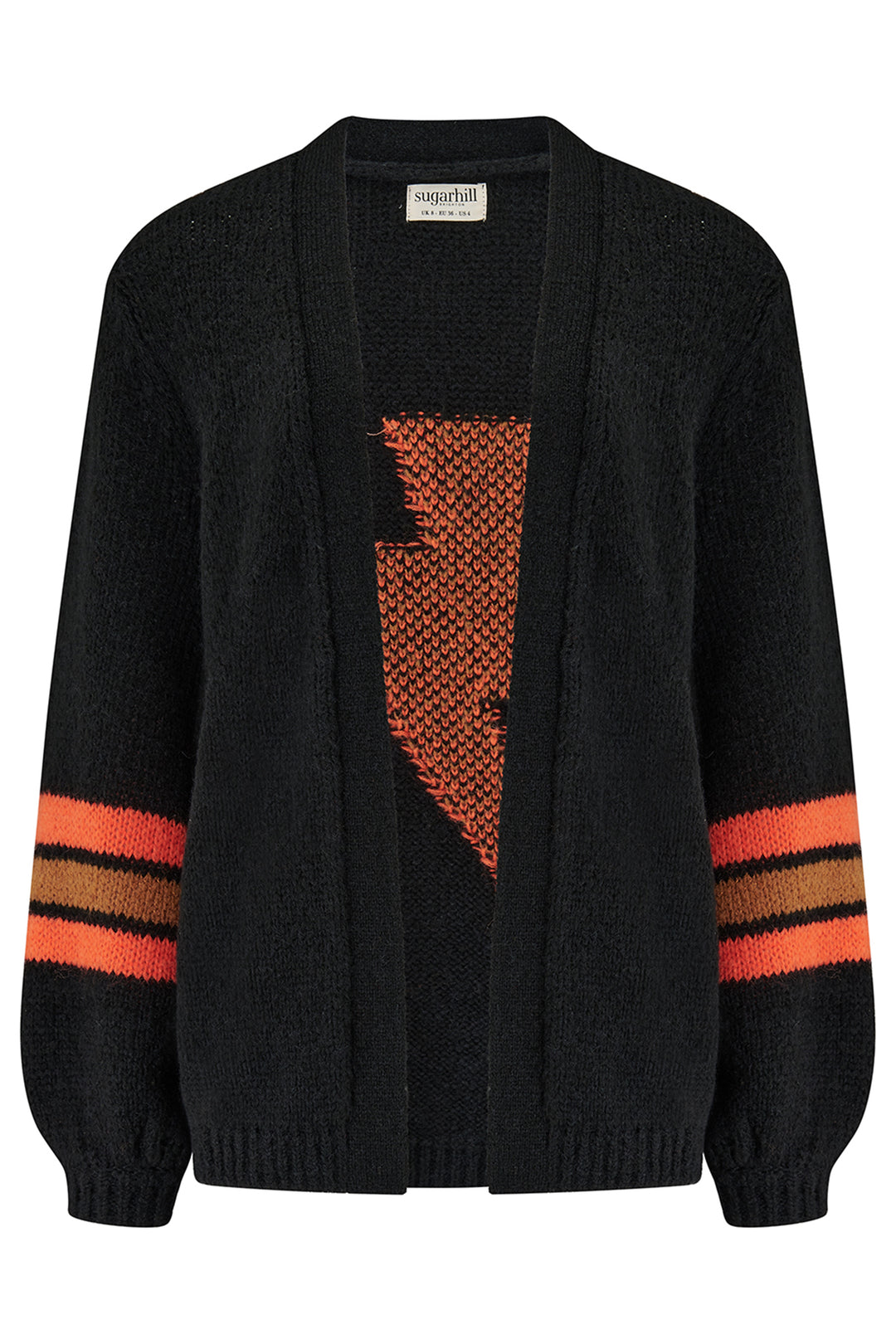 Black cardigan with orange and brown pattern on a white background