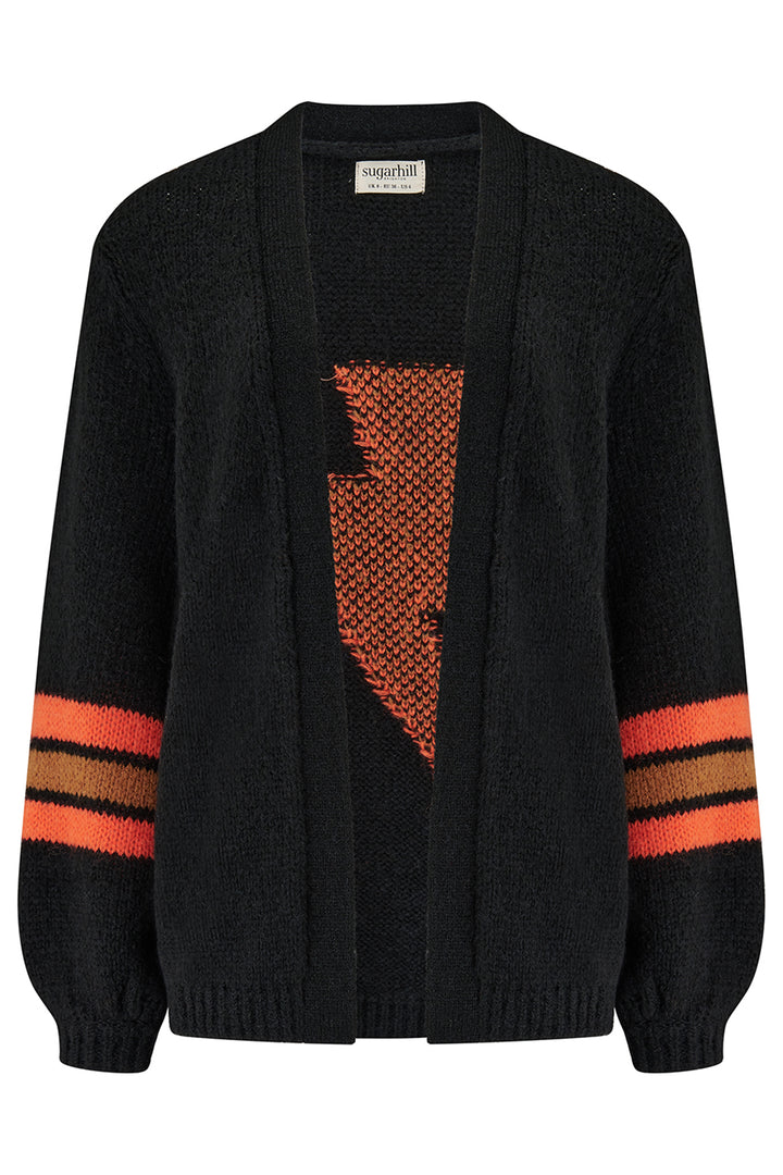 Black cardigan with orange and brown pattern on a white background