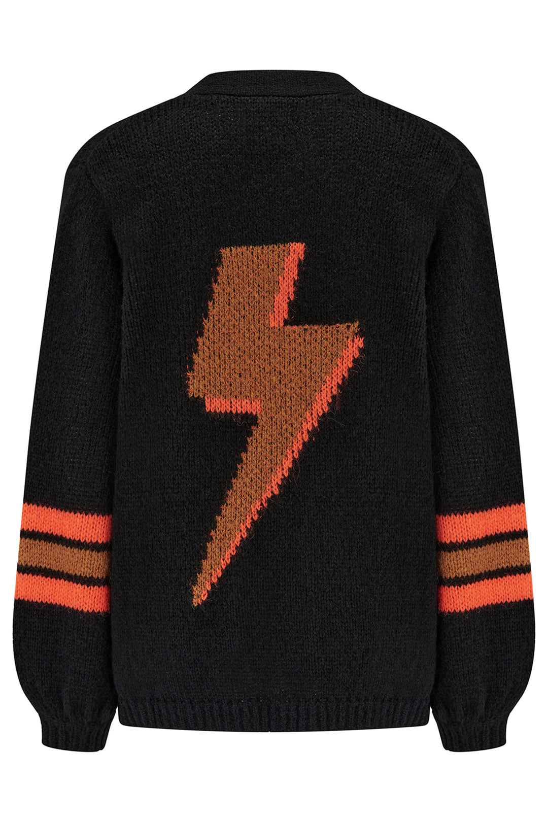 Black sweater with a brown and orange lightning bolt design on the back, on a white background.