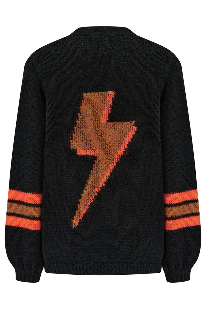Black sweater with a brown and orange lightning bolt design on the back, on a white background.