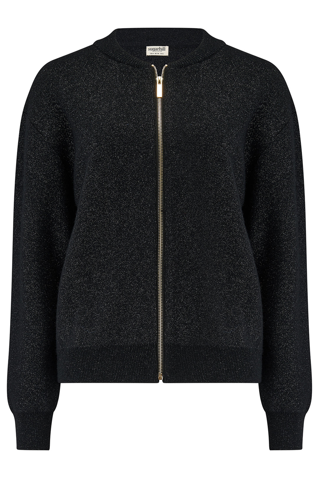 Black zip-up cardigan on a white background