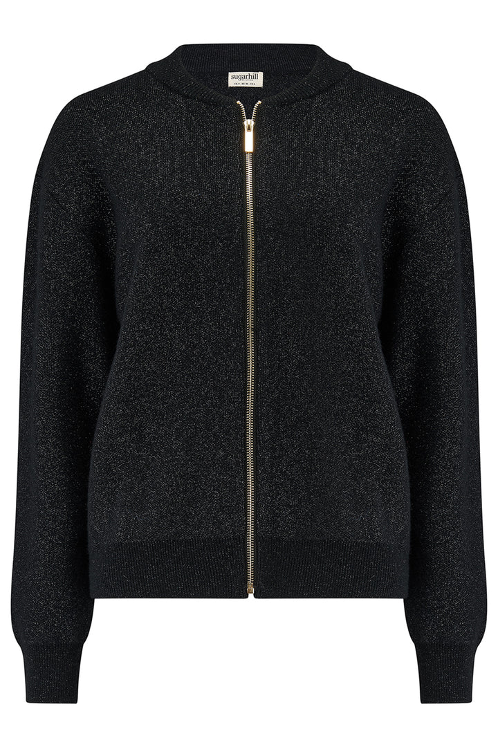 Black zip-up cardigan on a white background