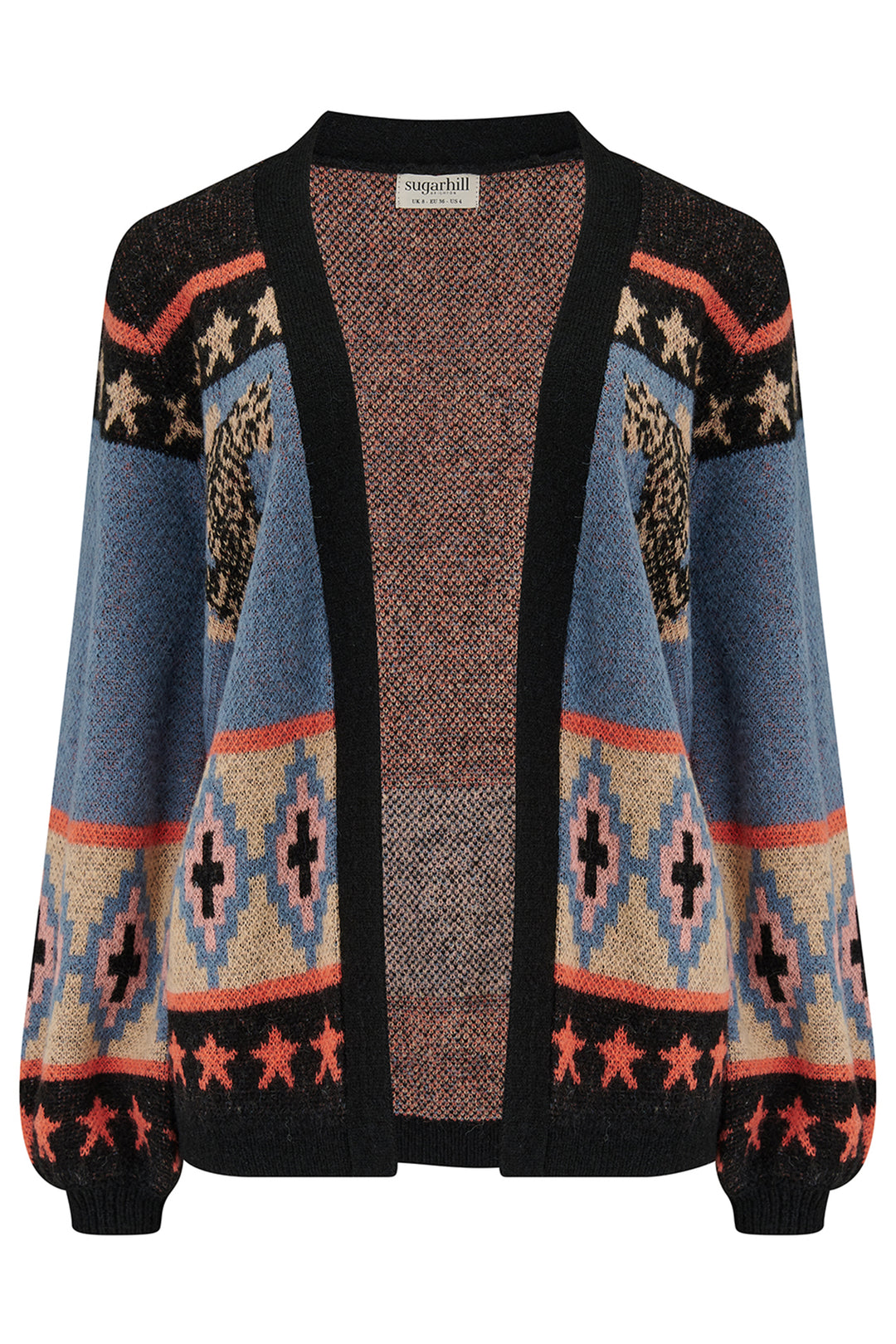 Cardigan with patterned design on a white background