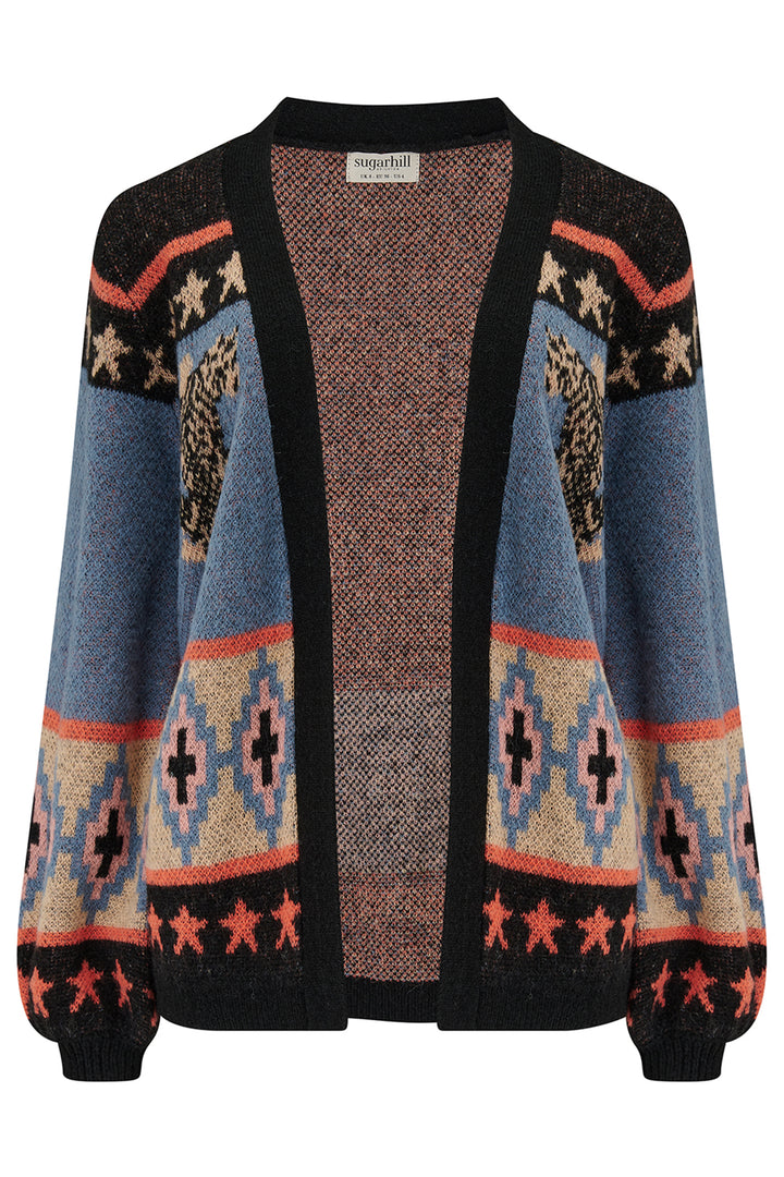 Cardigan with patterned design on a white background