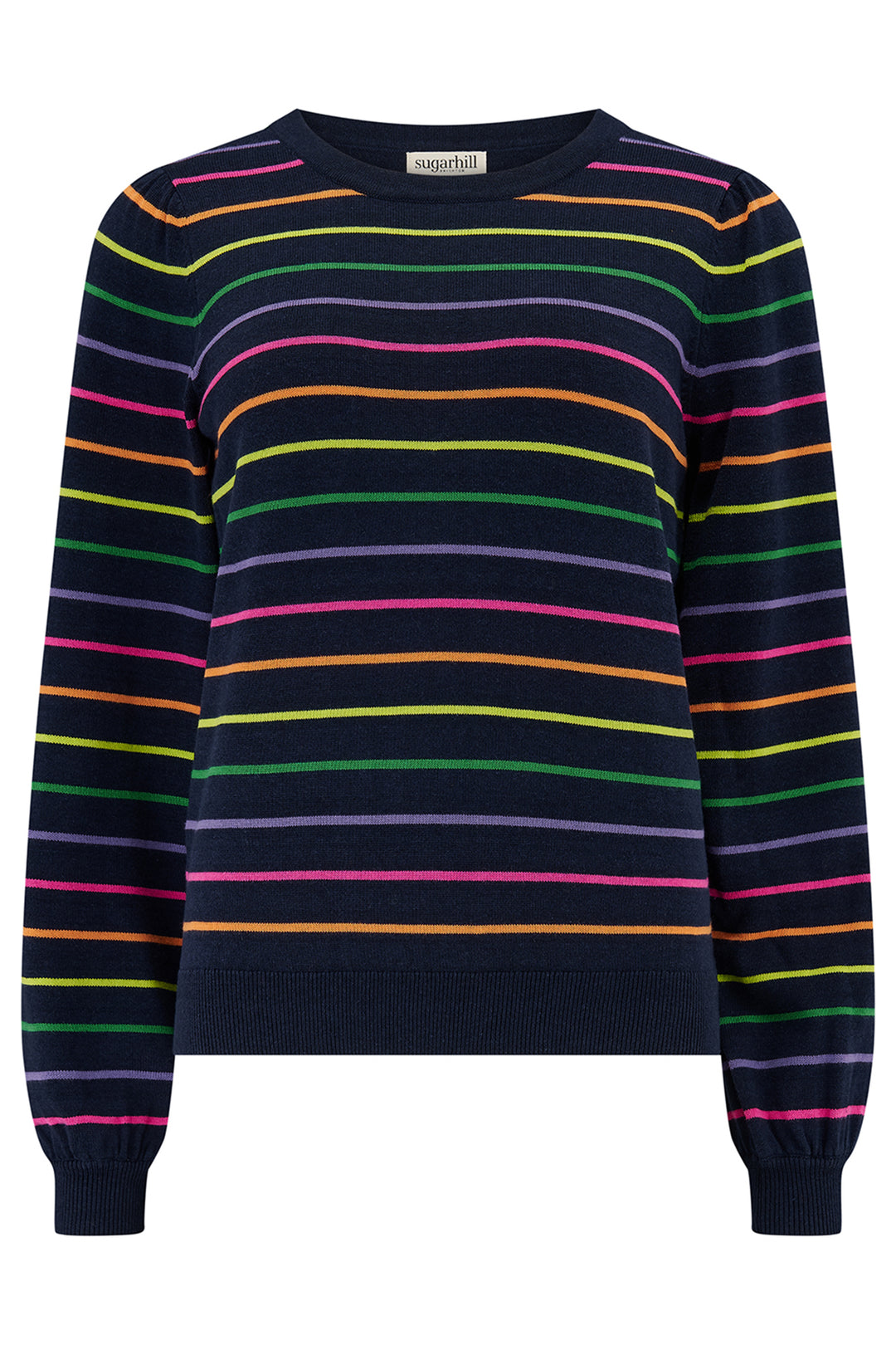 Navy sweater with multicolored stripes on a white background