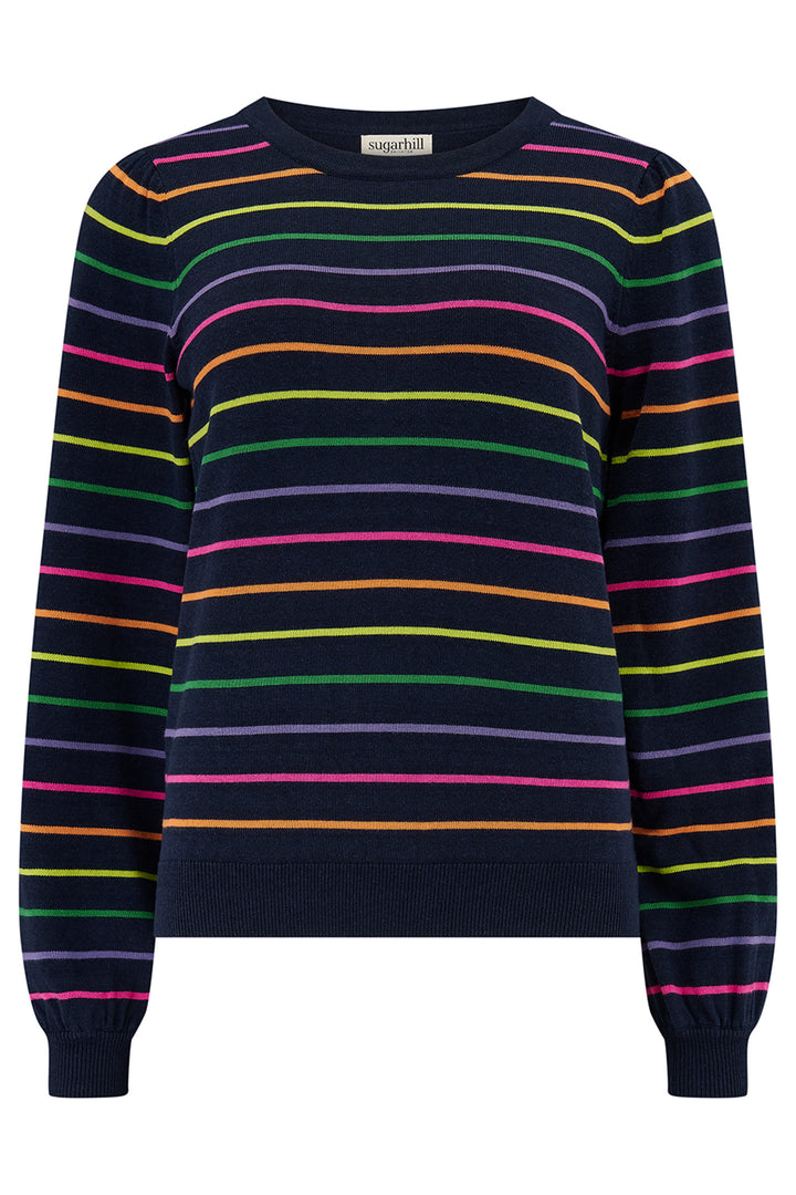 Navy sweater with multicolored stripes on a white background