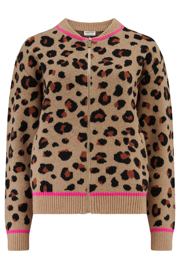 Leopard print cardigan with pink accents on a white background