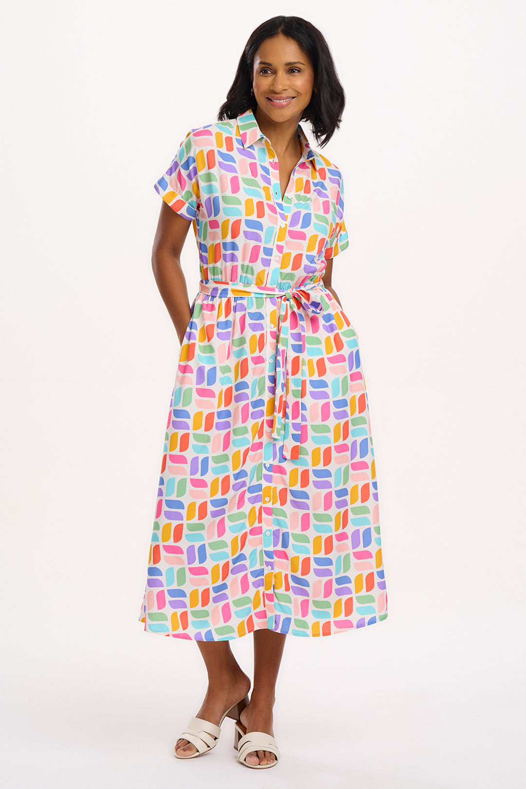 Sugarhill Brighton Leigh Off White Geometric Midi Shirt Dress D1276 - Experience Boutique