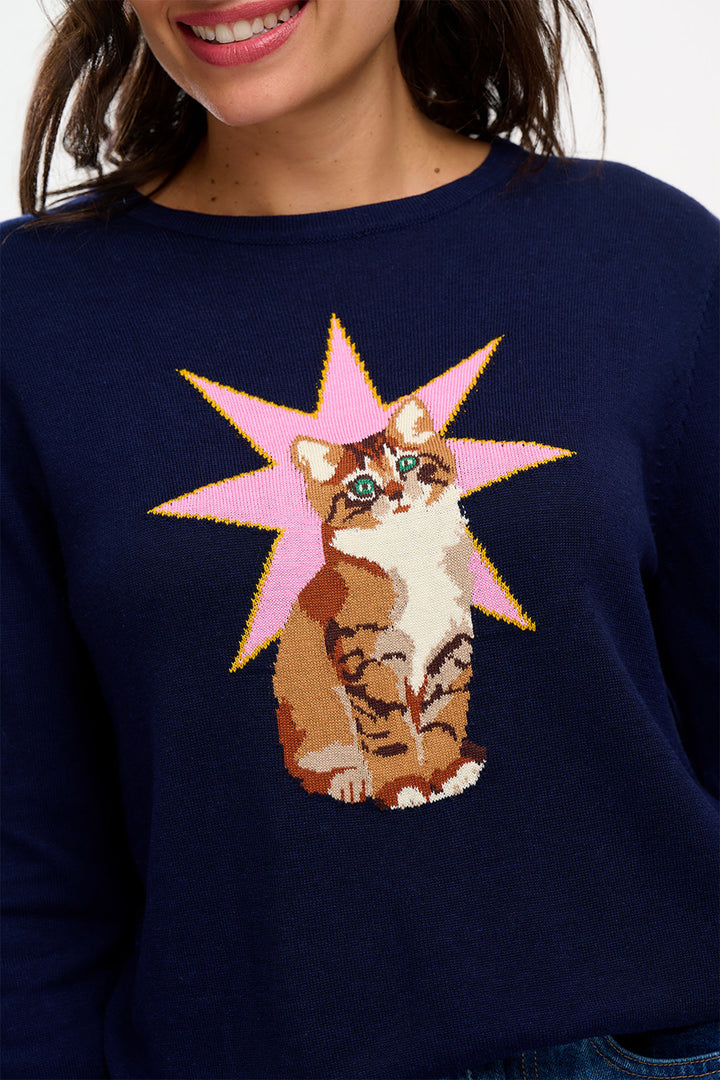 Sugarhill Brighton Rita Navy Star Cat Knitted Jumper - Experience Boutique
